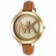 RELOJ MK CON CORREA CARAMEL DE CUERO, CAJA DE ACERO INOXIDABLE, DAMA