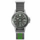 ss color case, gray top ring, gray dial, gray nato strap with acid green gummy logo
