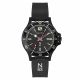 black color case, black top ring, black dial, black silicon strap with logo