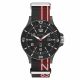 black color case, black top ring, black dial, vertical striped black and red nato with logo