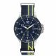 SS COLOR CASE, BLU TOP RING, BLU DIAL, VERTICAL STRIPED BLUE AND YELLOW NATO WITH LOGO.