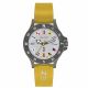 gray color case, black top ring, black dial with flags, yellow silicon band
