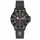 black color case, black top ring, black dial with flags, black silicon band