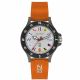 gray color case, black top ring, white dial, orange silicon band