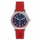 ss color case, blue dial with red accent, red silicon band