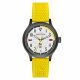 black color case, white dial with yellow accent, yellow silicon band