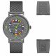 gray color case, gray dial with flags, gray silicon band and metal bracelet