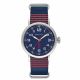 SS COLOR CASE, BLUE DIAL, BLUE LEATHER WITH RED STRIPE NATO BAND.