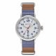 SS COLOR CASE, WHITE DIAL, BROWN LEATHER WITH WHITE AND BLUE STRIPE NATO BAND.