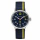 SS COLOR CASE, BLU DIAL, YELLOW AND BLU CORDURA STRAP.