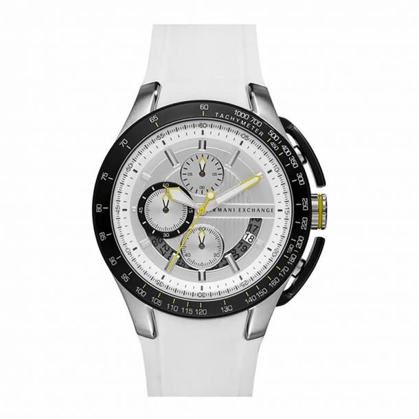 RELOJ ARMANI EXCHANGE/ CORREA BLANCA DE SILICONA, CAJA DE ACERO INOXIDABLE,  CABALLERO